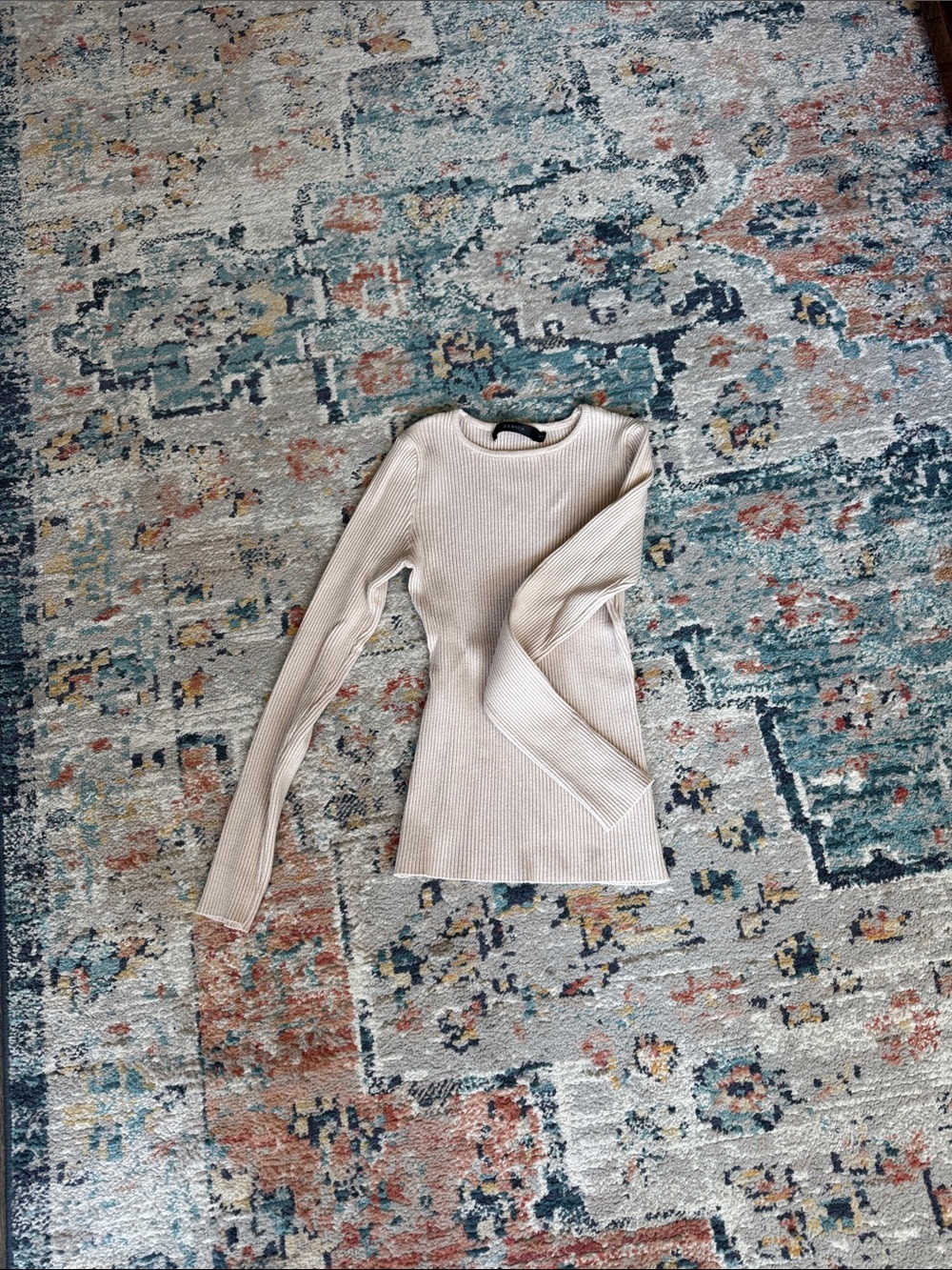 Ribbed Long-Sleeve Crewneck Top in Cream